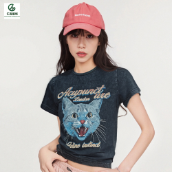 T恤女夏季復古美式水洗做舊小猫字母印花純棉短袖上衣